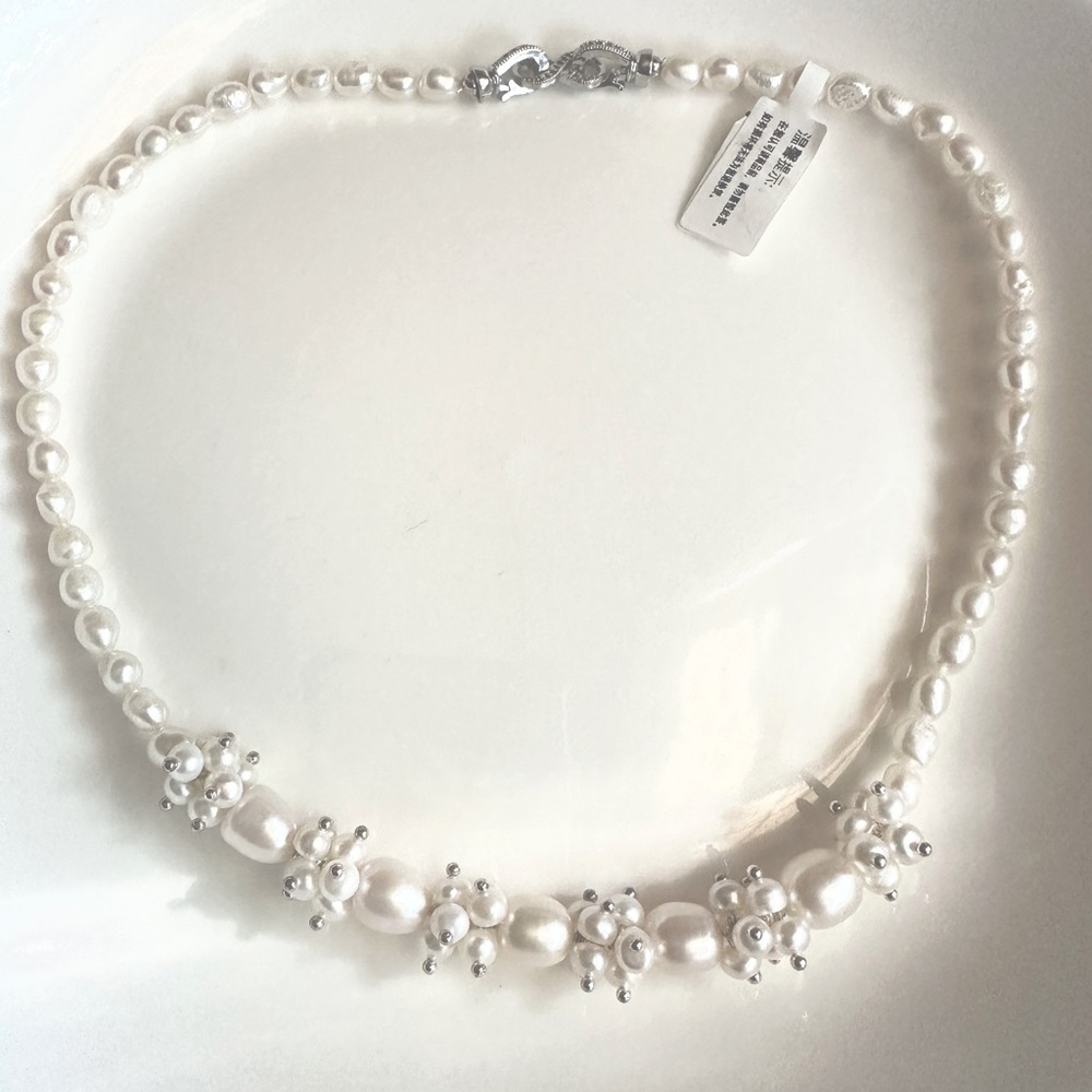 Genuine Pearl Necklace with Silver Accents #F13